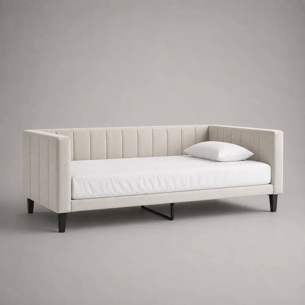 Lit banquette 1 place rectangulaire en velours crème et métal noir, couchage 90 × 200 cm, dimensions 215 × 105 × 85 cm
