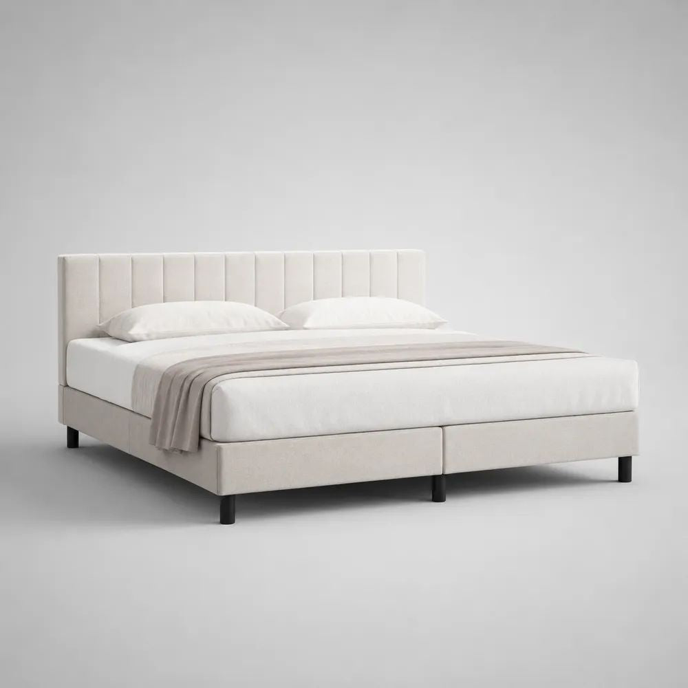 Lit double rembourré 160 x 200 cm en tissu blanc cassé avec tête de lit à panneaux verticaux, 170 x 215 x 105 cm