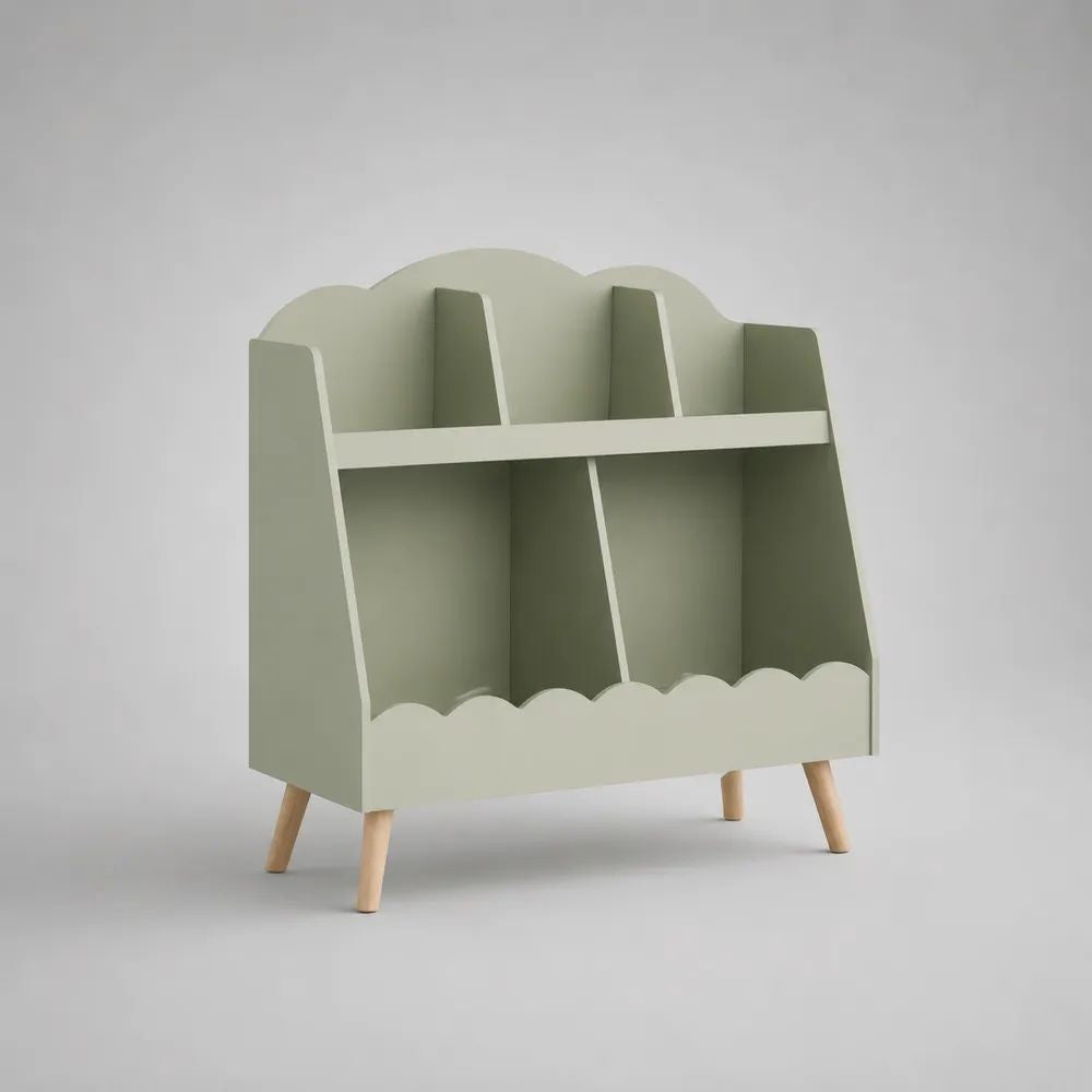 Bibliothèque enfant sur pieds en bois vert sauge et naturel, 80 × 30 × 100 cm