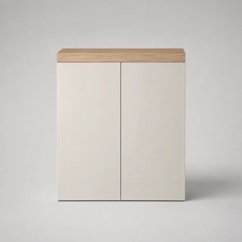 Meuble de rangement de salle de bains en bois à 2 portes, blanc cassé et chêne naturel, 60 × 30 × 80 cm