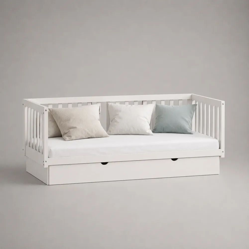 Lit banquette gigogne 2 couchages en pin massif blanc, 90 x 200 cm et 90 x 190 cm, dimensions 209 x 99 x 87 cm