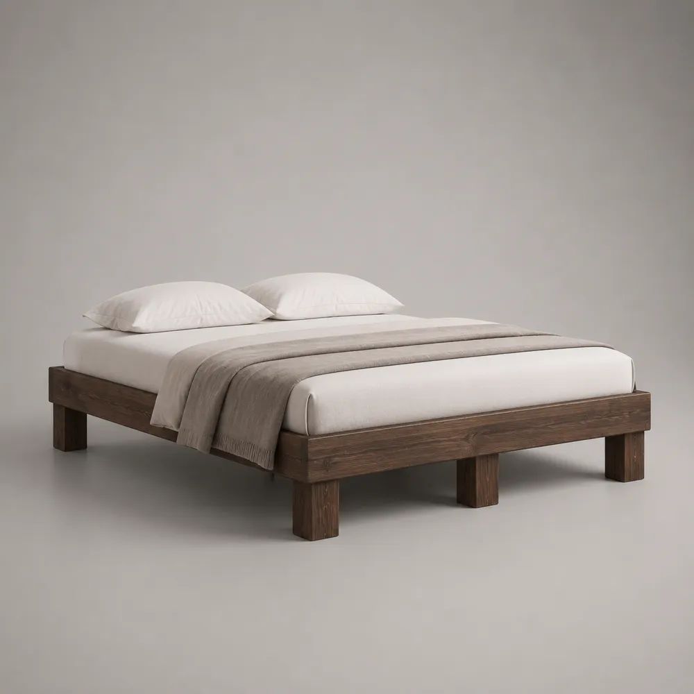 Cadre de lit double plateforme 160 x 200 cm en bois massif brun foncé sans tête de lit