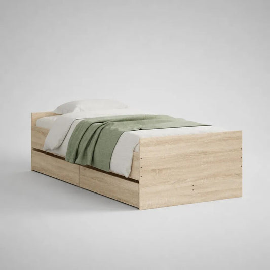 Cadre de lit simple en bois avec 2 tiroirs, chêne clair, couchage 90 × 190 cm, dimensions 196 × 96 × 75 cm
