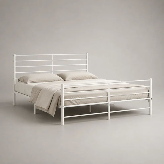 Lit double en acier blanc 140 x 200 cm avec sommier intégré, dimensions 208 x 146 x 110 cm