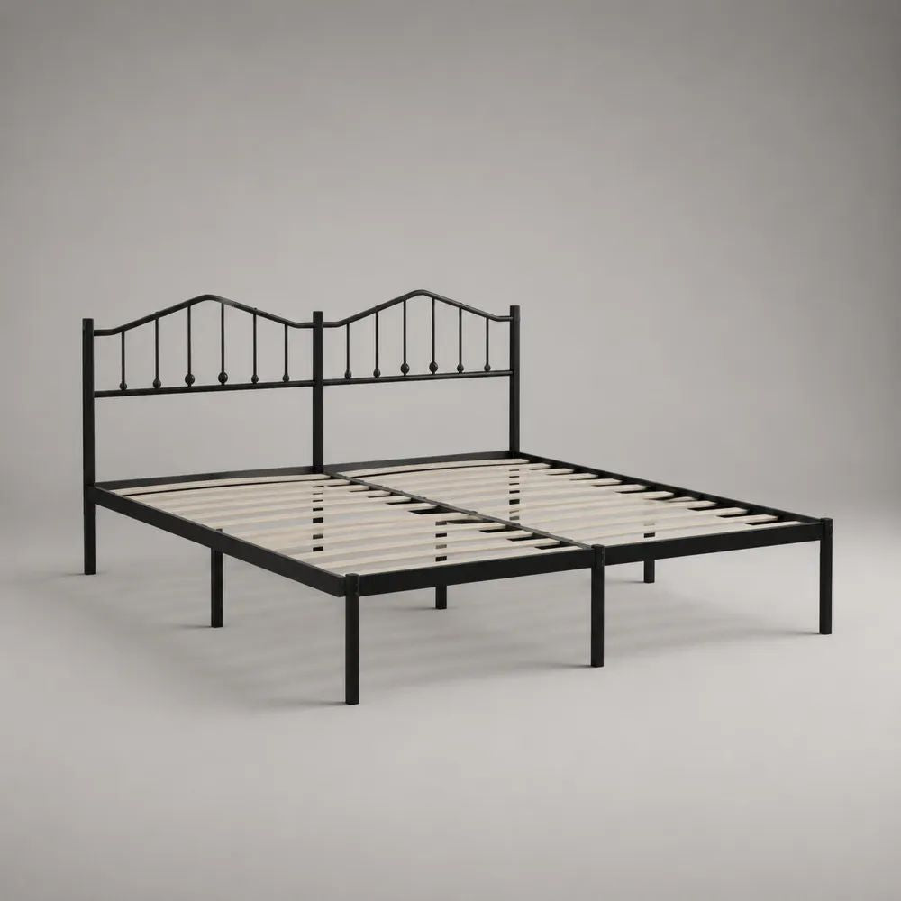 Cadre de lit double 180 × 200 cm en acier noir avec sommier à lattes en bois clair