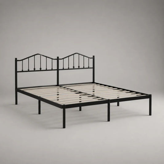Cadre de lit double 180 × 200 cm en acier noir avec sommier à lattes en bois clair