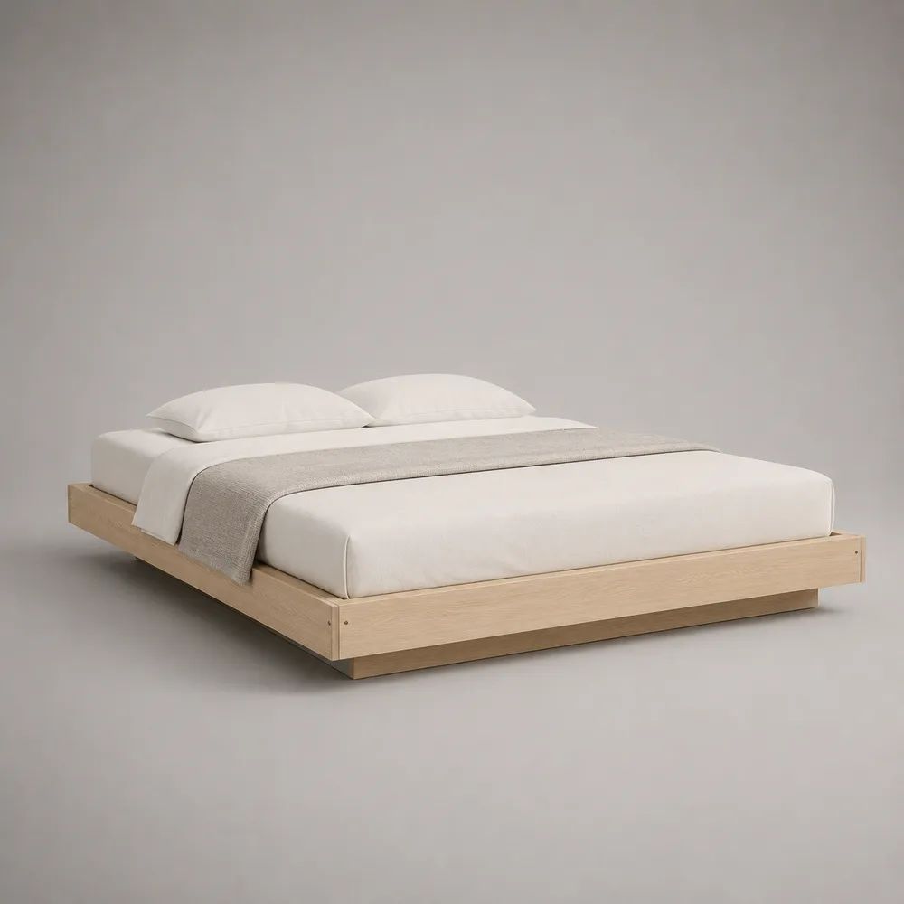 Lit plateforme bas 160 × 200 cm en MDF plaqué chêne clair, sans tête de lit, 208 × 168 × 25 cm