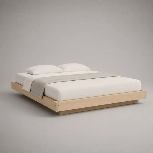 Lit plateforme bas 160 × 200 cm en MDF plaqué chêne clair, sans tête de lit, 208 × 168 × 25 cm