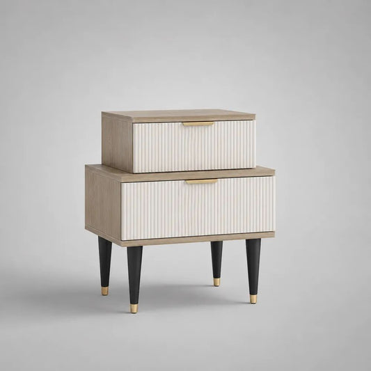 Table de chevet rectangulaire en MDF à 2 tiroirs, blanc, chêne clair, noir et doré, 60 × 40 × 70 cm