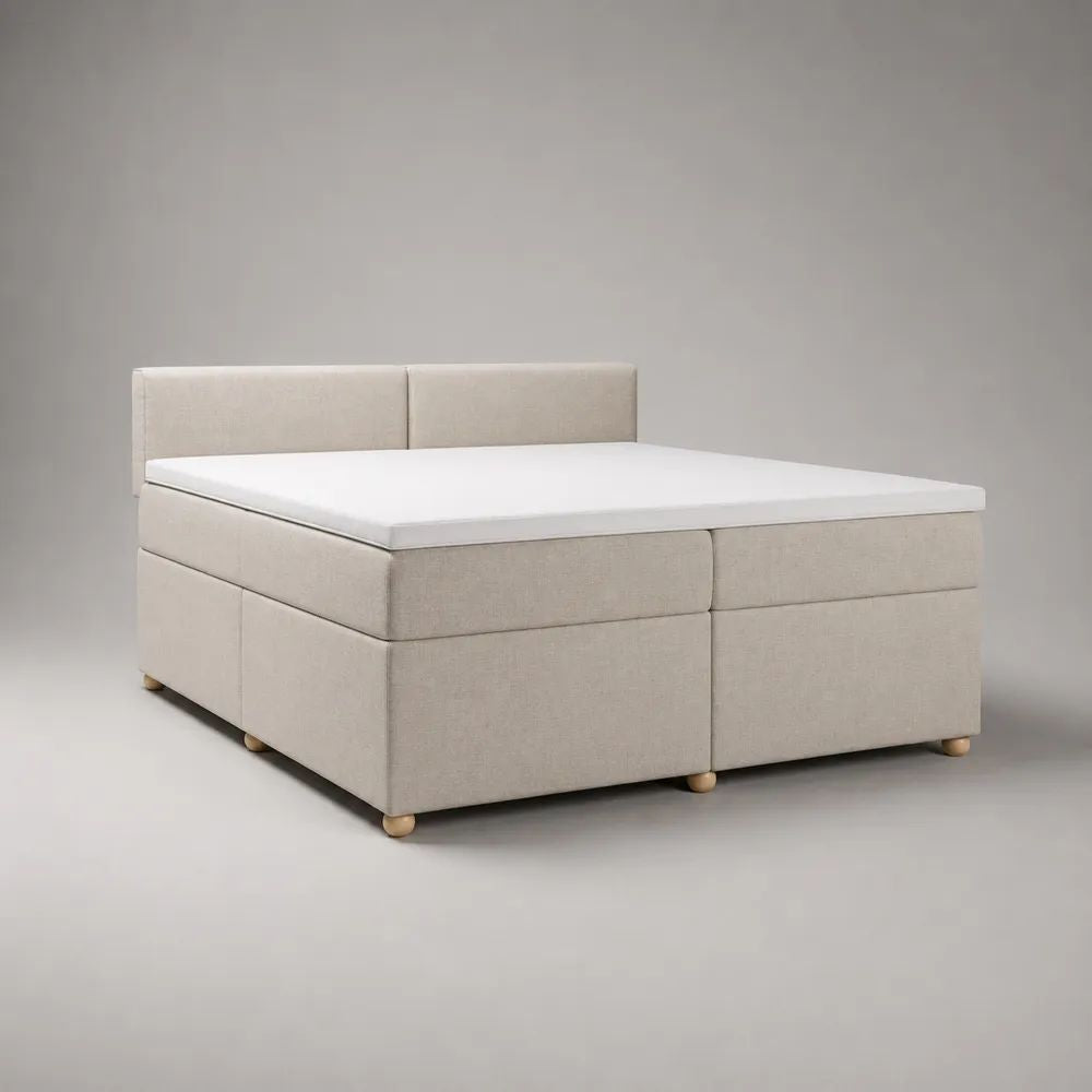 Ensemble lit double continental en tissu beige 180 × 200 cm avec 2 matelas, surmatelas et tête de lit