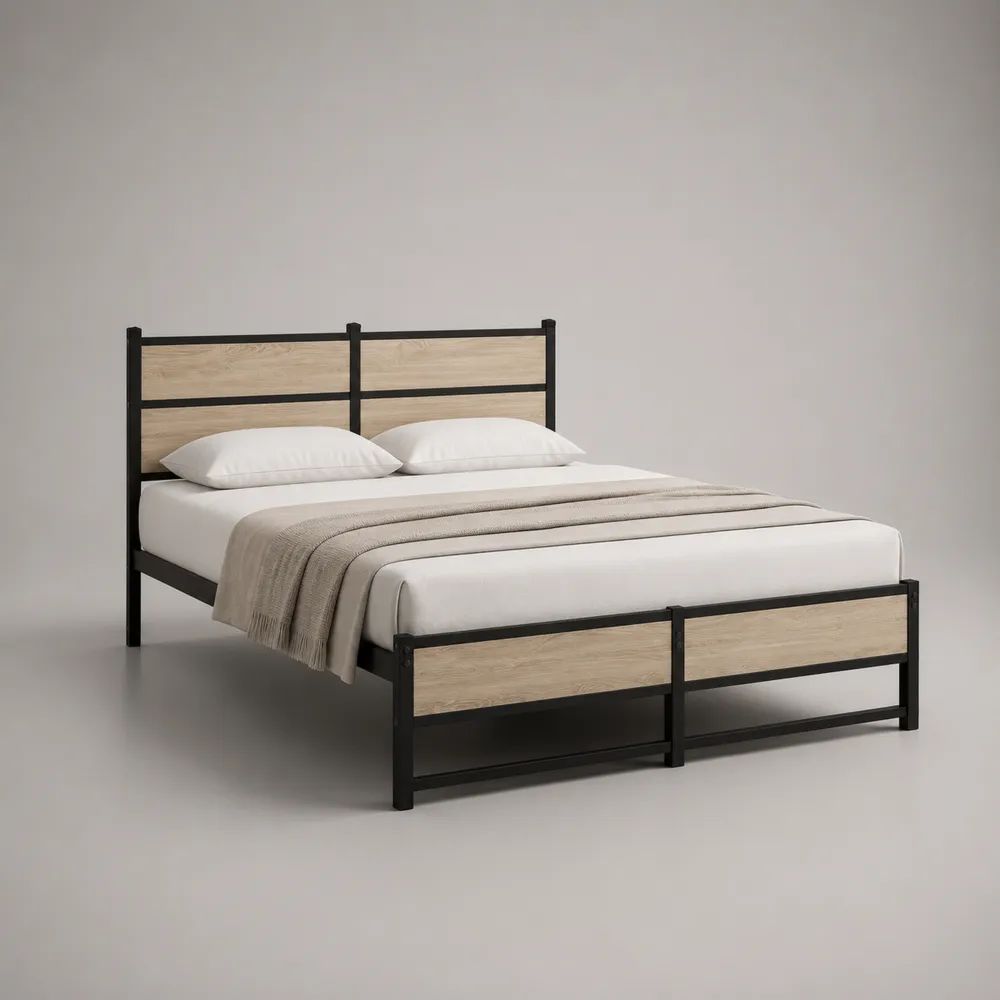 Lit double 160 x 200 cm avec cadre en acier et panneaux de particules, noir et chêne clair