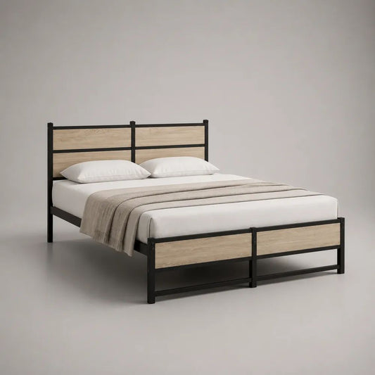 Lit double 160 x 200 cm avec cadre en acier et panneaux de particules, noir et chêne clair
