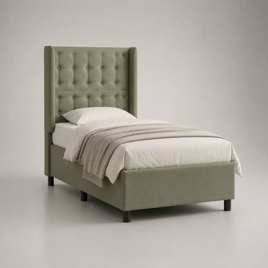 Lit simple 90 x 190 cm en velours polyester vert sauge avec tête de lit capitonnée et sommier à lattes