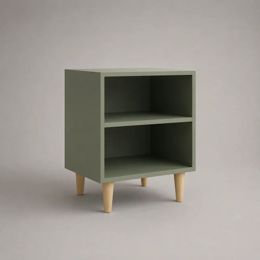 Table de chevet rectangulaire à 2 niches en MDF vert sauge et pieds en bois naturel, 45 x 35 x 60 cm