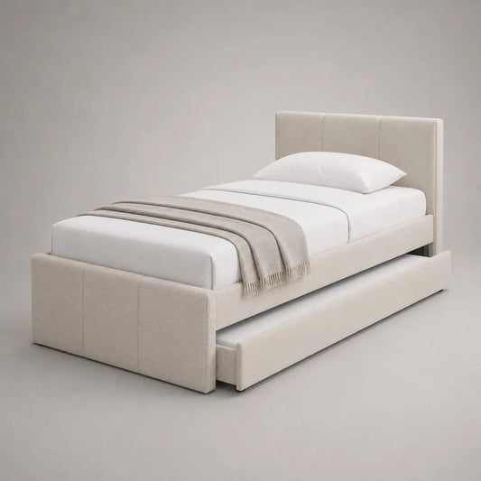 Lit gigogne rembourré beige 2 couchages 90 × 190 cm avec tête de lit, 211 × 101 × 110 cm