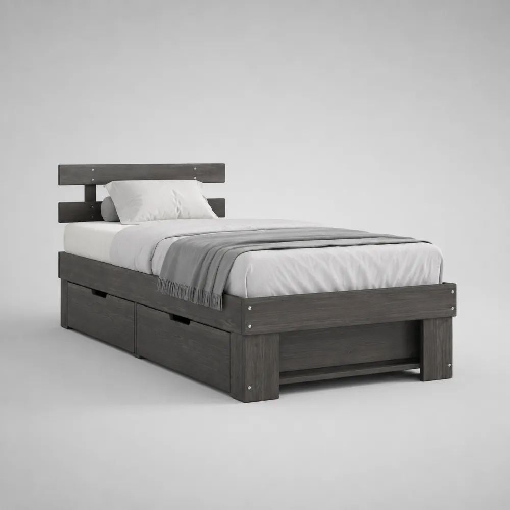 Cadre de lit simple en bois gris foncé 90 × 190 cm avec sommier à lattes et 2 tiroirs