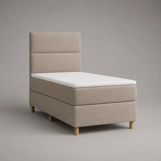 Lit continental 1 place 90 × 200 cm avec tête de lit, matelas et surmatelas, beige et blanc, 208 × 90 × 120 cm