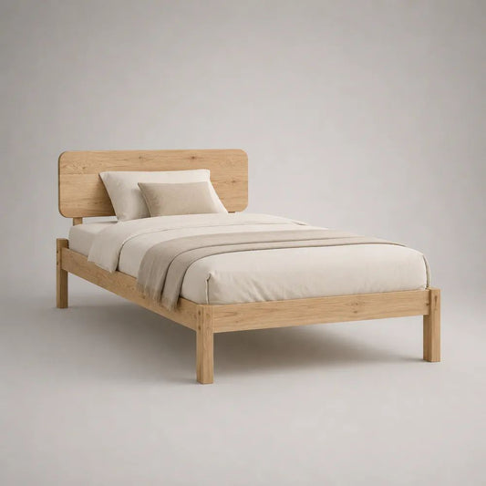 Lit double en chêne massif naturel avec sommier à lattes, couchage 140 × 190 cm, dimensions 200 × 150 × 95 cm