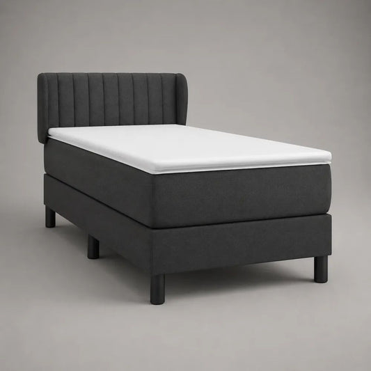 Lit simple continental en tissu gris anthracite 90 × 200 cm avec tête de lit, matelas et surmatelas