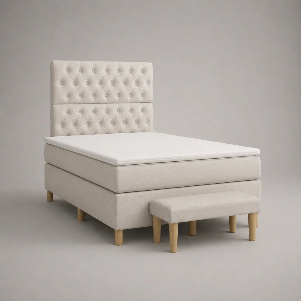 Lit à sommier tapissier 120 × 200 cm avec matelas, surmatelas, tête de lit capitonnée et banc, beige et bois naturel