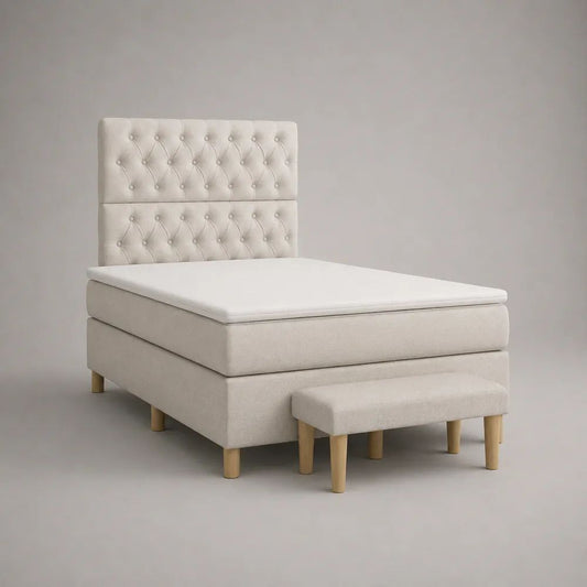 Lit à sommier tapissier 120 × 200 cm avec matelas, surmatelas, tête de lit capitonnée et banc, beige et bois naturel