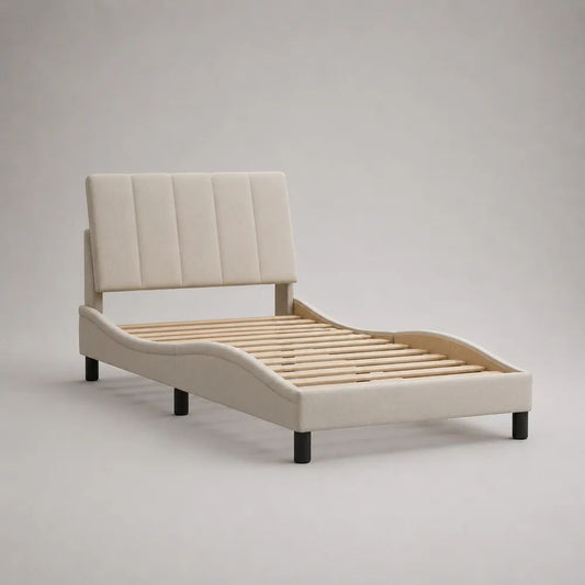 Cadre de lit 1 place 90 × 190 cm en tissu bouclé beige crème avec tête de lit rembourrée et sommier à lattes