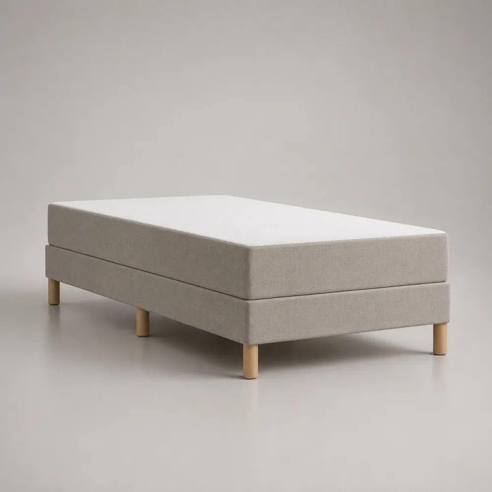 Ensemble lit simple 90 x 190 cm avec matelas en mousse, sommier tapissier beige et pieds en bois