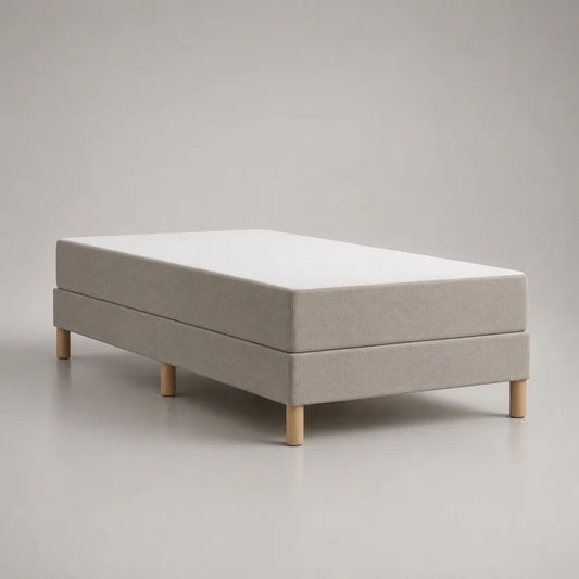 Ensemble lit simple 90 x 190 cm avec matelas en mousse, sommier tapissier beige et pieds en bois