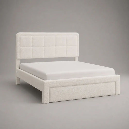 Lit double rembourré en tissu bouclé polyester blanc avec tête de lit capitonnée, couchage 160 × 200 cm, dimensions 174 × 218 × 112 cm