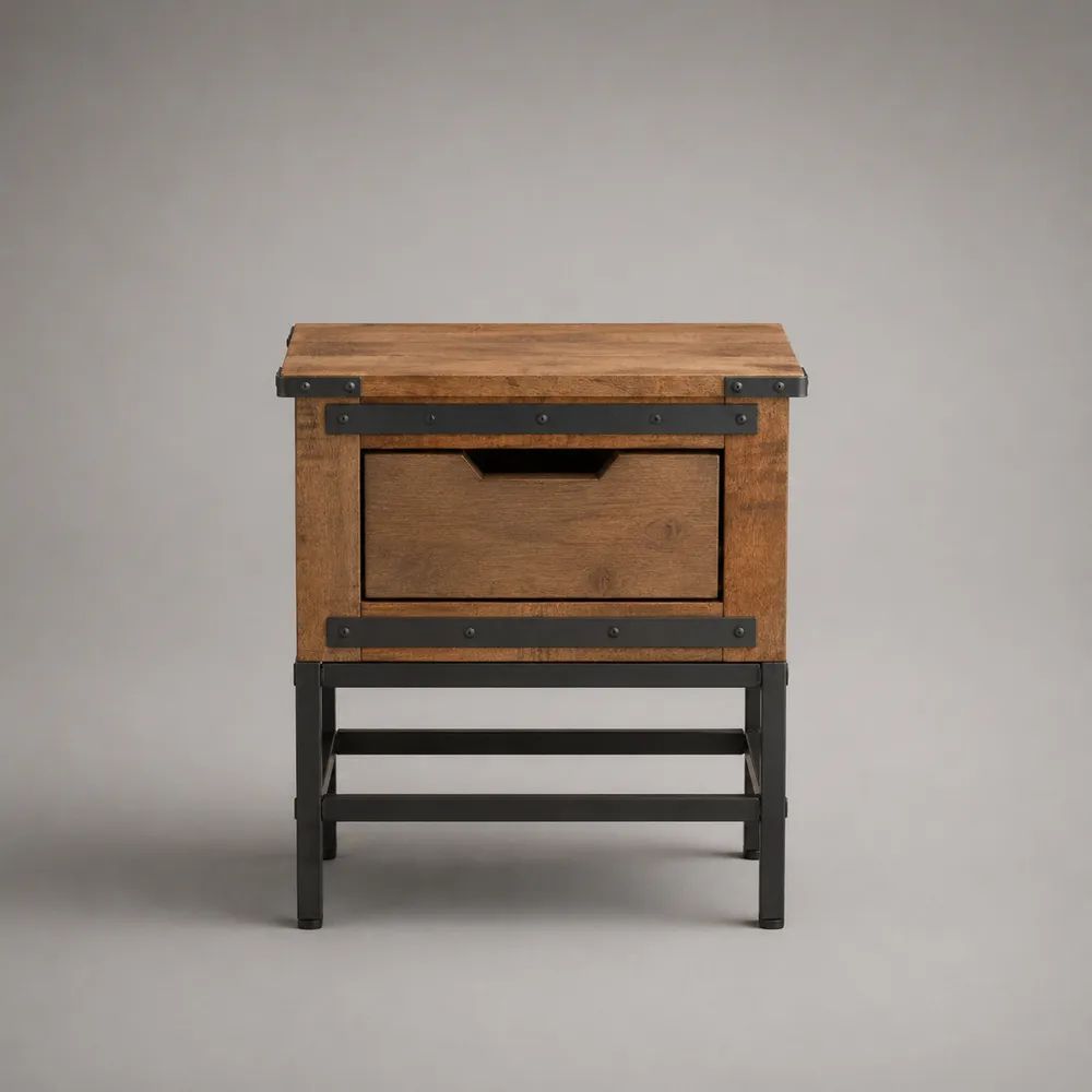 Table de chevet rectangulaire en bois massif et acier avec tiroir, brun et noir, 50 × 40 × 65 cm