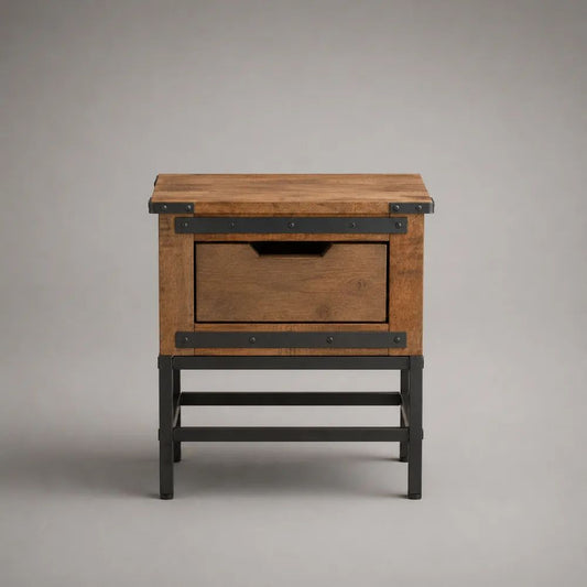 Table de chevet rectangulaire en bois massif et acier avec tiroir, brun et noir, 50 × 40 × 65 cm