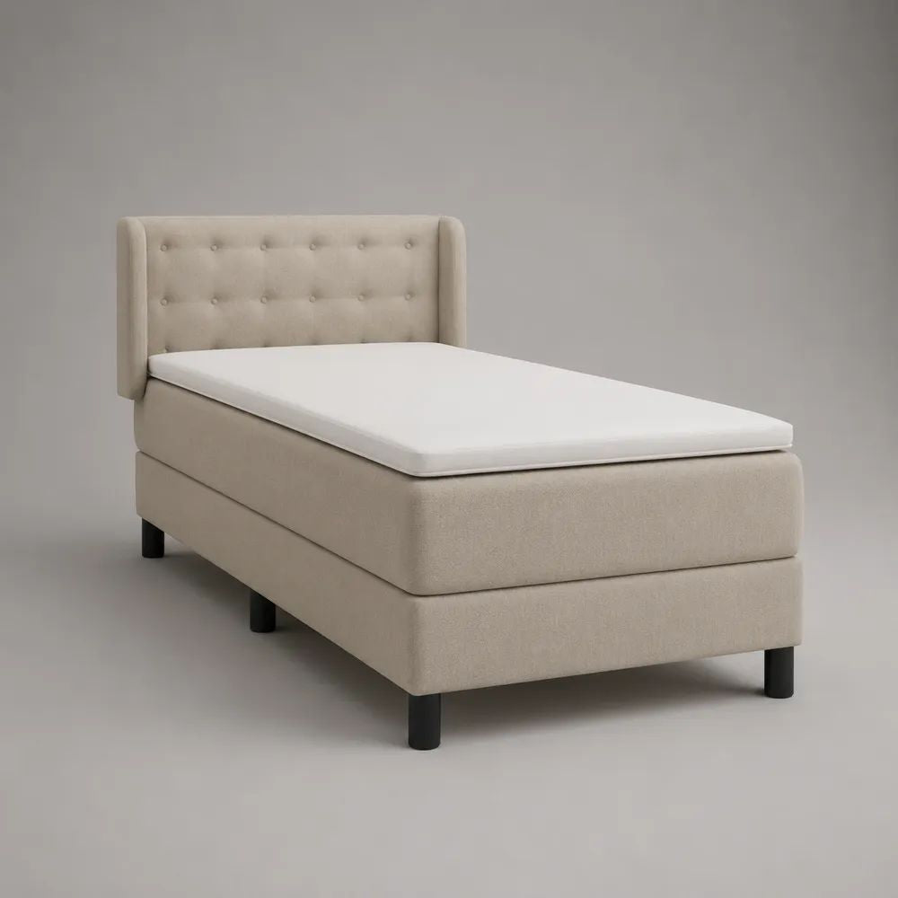 Lit simple complet 90 × 200 cm en tissu beige avec tête de lit capitonnée, sommier, matelas et surmatelas