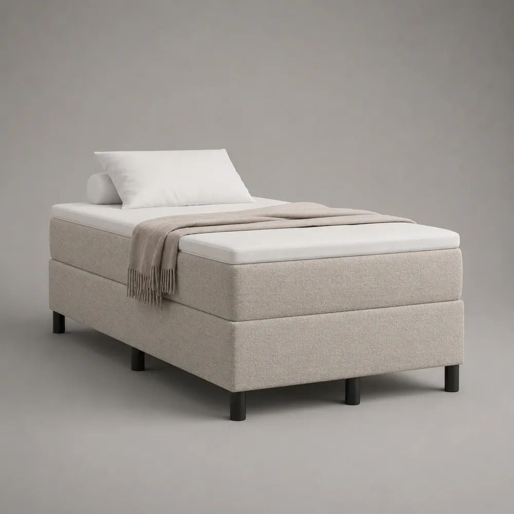 Ensemble lit continental 1 place en tissu beige clair avec sommier, matelas à ressorts et surmatelas blanc, 90 × 200 cm