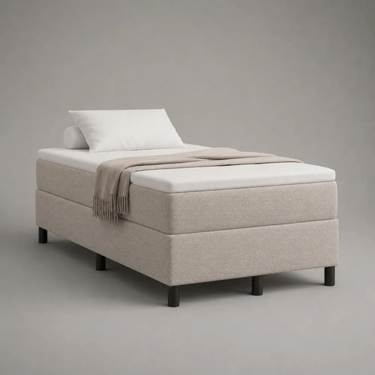 Ensemble lit continental 1 place en tissu beige clair avec sommier, matelas à ressorts et surmatelas blanc, 90 × 200 cm