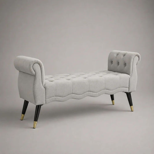 Banc de bout de lit capitonné en tissu gris clair avec accoudoirs roulés, 145 × 50 × 72 cm