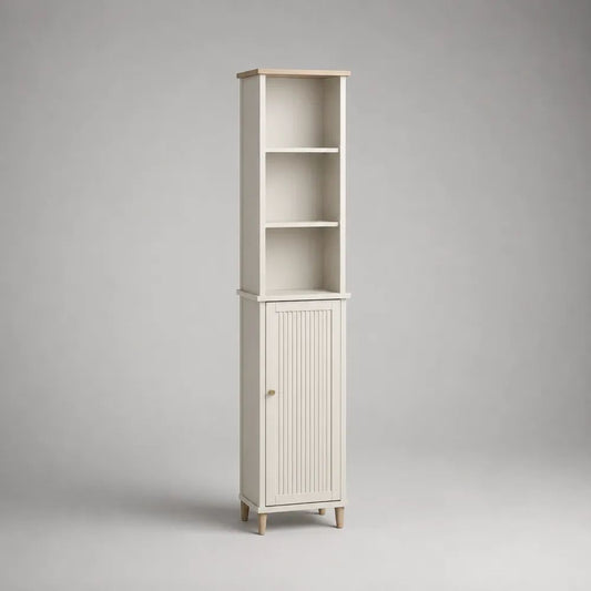 Colonne de salle de bain en MDF avec 1 porte et 3 niches, blanc et chêne clair, 40 × 30 × 160 cm