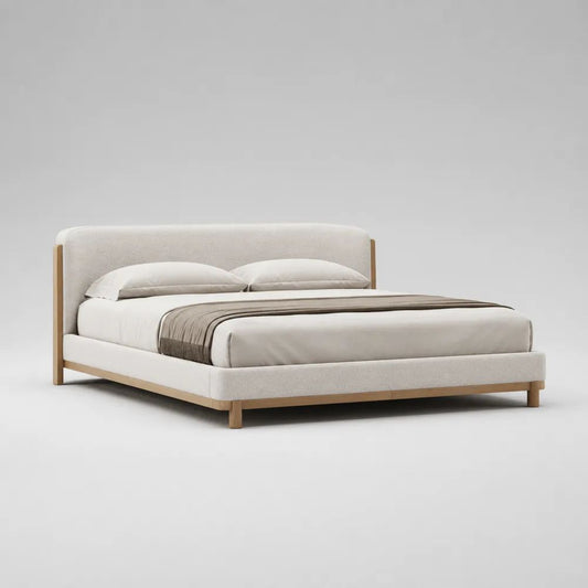 Lit double rembourré 160 × 200 cm en tissu bouclé et bois, blanc cassé et chêne clair – 175 × 220 × 105 cm