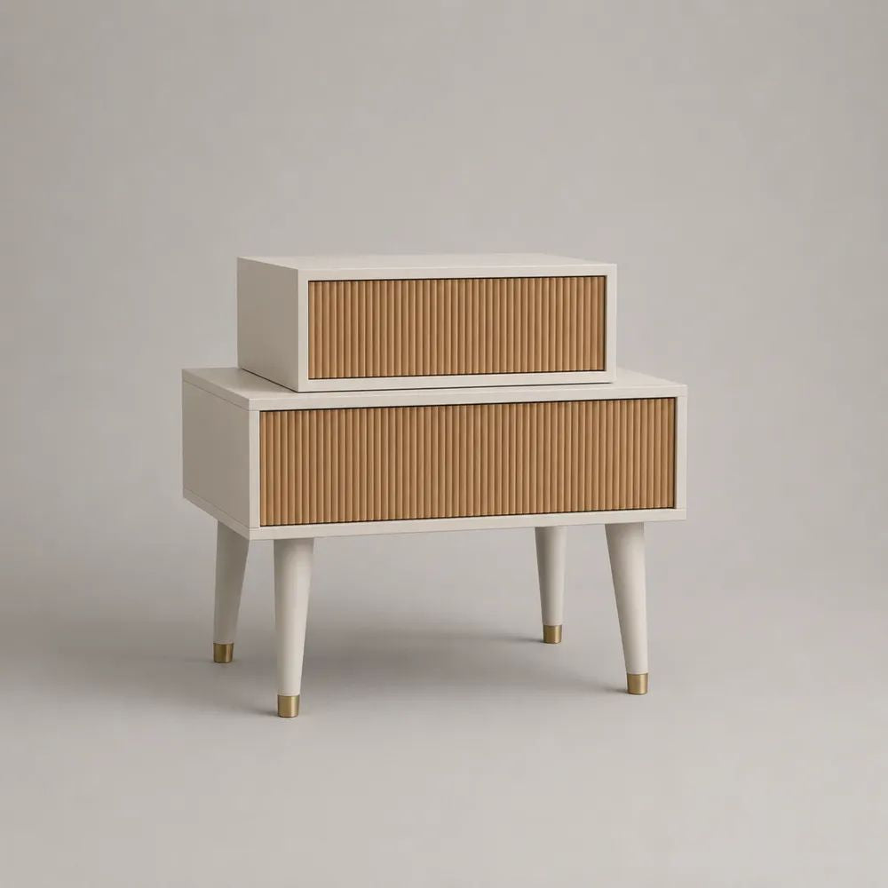 Table de chevet rectangulaire en bois à 2 tiroirs, blanc cassé et chêne naturel, 60 x 40 x 62 cm