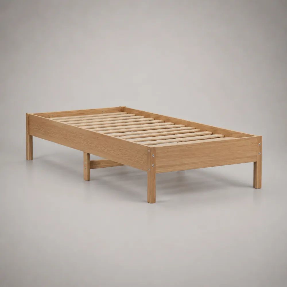 Cadre de lit simple en chêne massif avec sommier à lattes, couchage 90 × 190 cm, dimensions 198 × 98 × 58 cm, finition naturelle