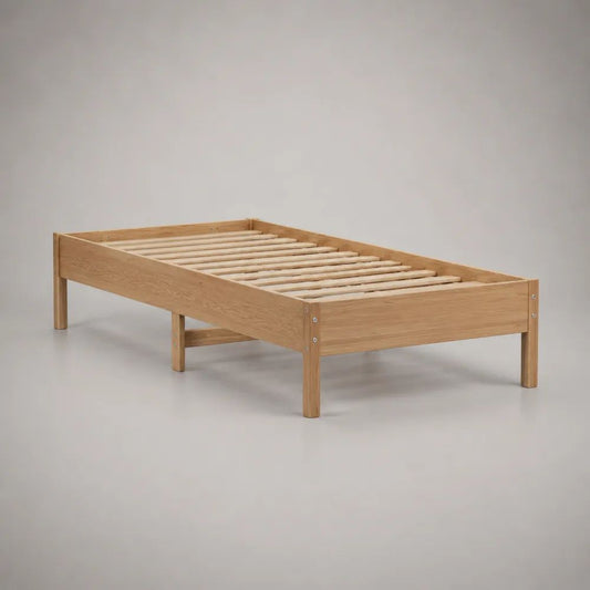 Cadre de lit simple en chêne massif avec sommier à lattes, couchage 90 × 190 cm, dimensions 198 × 98 × 58 cm, finition naturelle