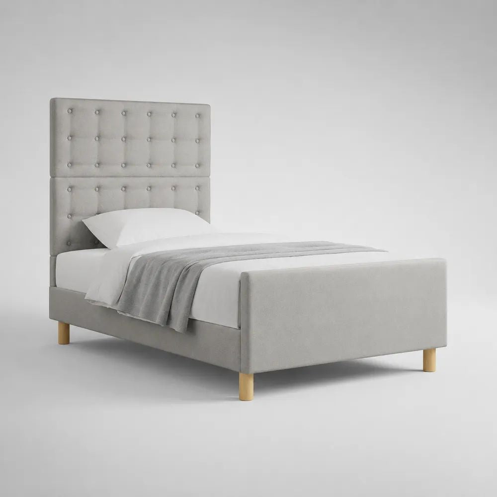 Cadre de lit simple capitonné en tissu gris clair 90 × 190 cm avec tête de lit haute et pieds en bois, dimensions 205 × 101 × 150 cm