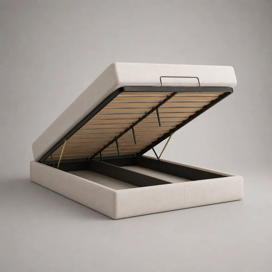 Lit coffre double en tissu beige crème 160 × 200 cm, dimensions 174 × 216 × 38 cm, structure en acier et sommier à lattes en bois