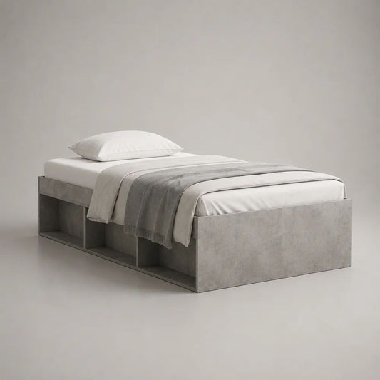 Lit simple avec rangements 90 × 190 cm en panneaux de particules mélaminés, gris béton