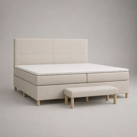Ensemble lit continental 2 places 180 x 200 cm, dimensions 200 x 215 x 120 cm, avec tête de lit, 2 matelas, surmatelas et banc en tissu beige et blanc cassé