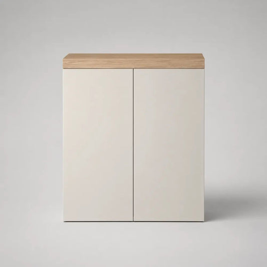 Meuble de rangement de salle de bains en bois à 2 portes, blanc cassé et chêne naturel, 60 × 30 × 80 cm