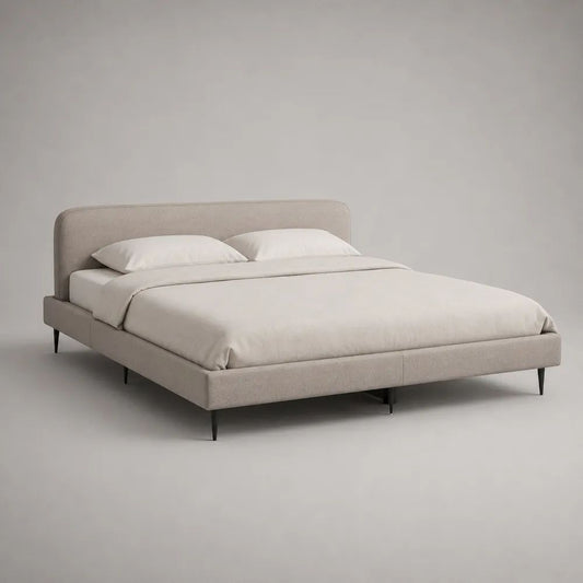 Lit double 160 x 200 cm avec sommier à lattes, cadre rembourré en tissu beige et pieds en acier noir