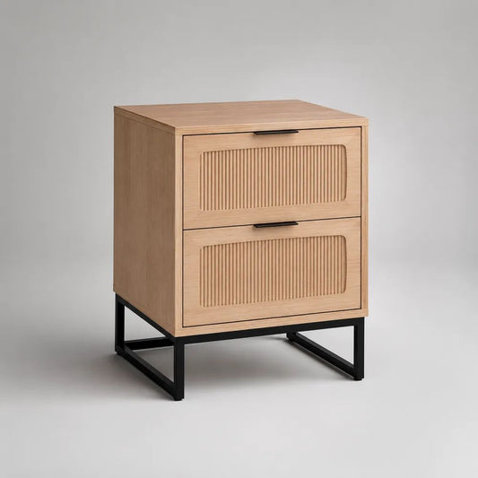 Table de chevet à 2 tiroirs en MDF plaqué chêne et acier noir, 45 × 40 × 60 cm