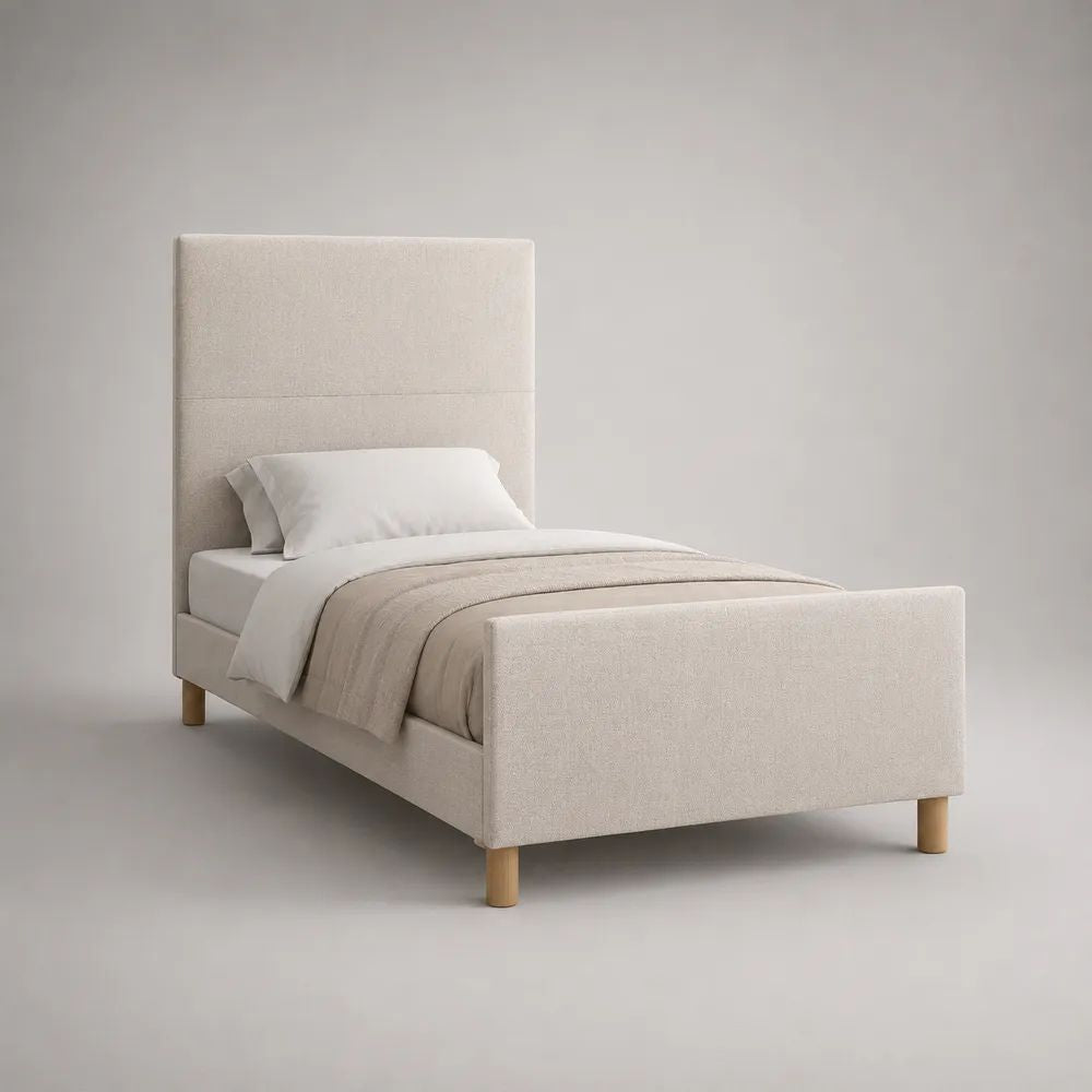 Lit simple rembourré en polyester beige, couchage 90 × 190 cm, dimensions 202 × 98 × 140 cm, tête de lit haute