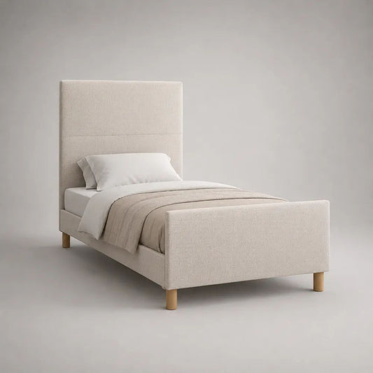 Lit simple rembourré en polyester beige, couchage 90 × 190 cm, dimensions 202 × 98 × 140 cm, tête de lit haute