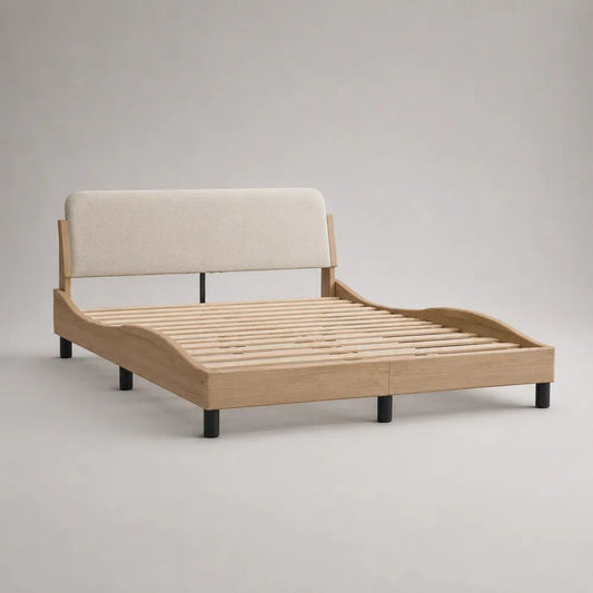 Lit double 160 × 200 cm en bois avec tête de lit rembourrée et sommier à lattes, chêne naturel, écru et noir